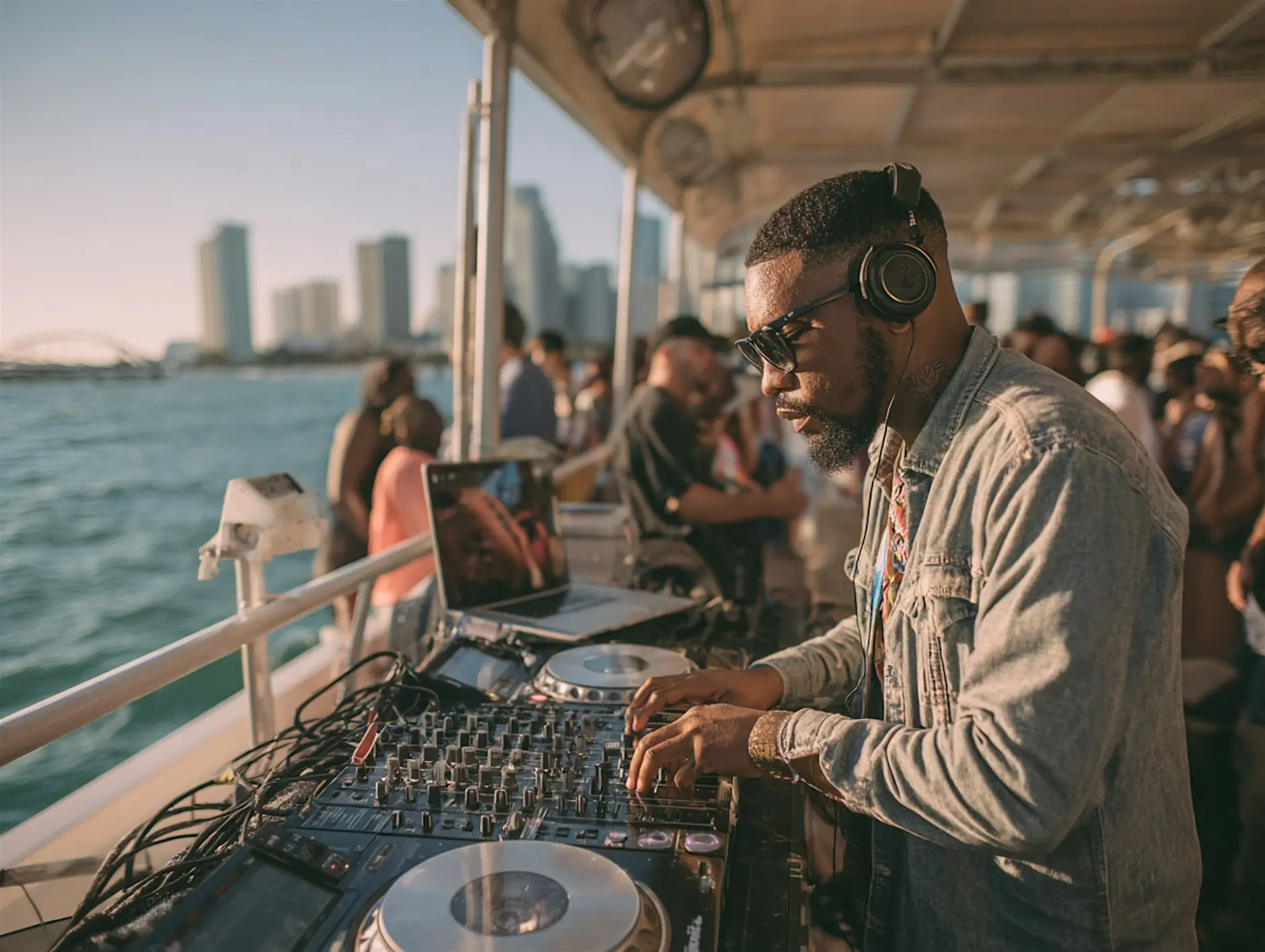 DJ spinning hip hop and afrobeats with the Miami skyline behind